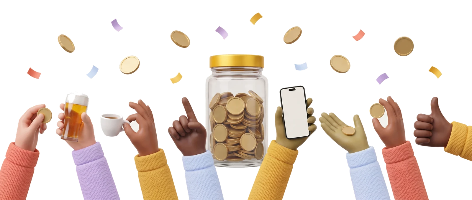 Muchas manos, un mismo bote: brindis, café y monedas entre amigos